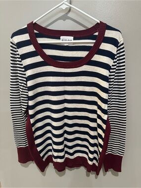Olive & Oak Navy and Cream Striped Sweater with Burgundy Trim